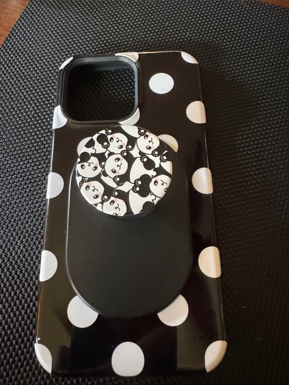 CASELY Black with White iPhone pro max 15 Case W/Magnet Panda pop socket bundle